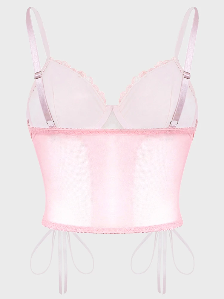 Women Sexy Lace Camisole Vest Adjustable Spaghetti Strap Pink Floral See Through Lace Tight Corset Exposed Navel Vest