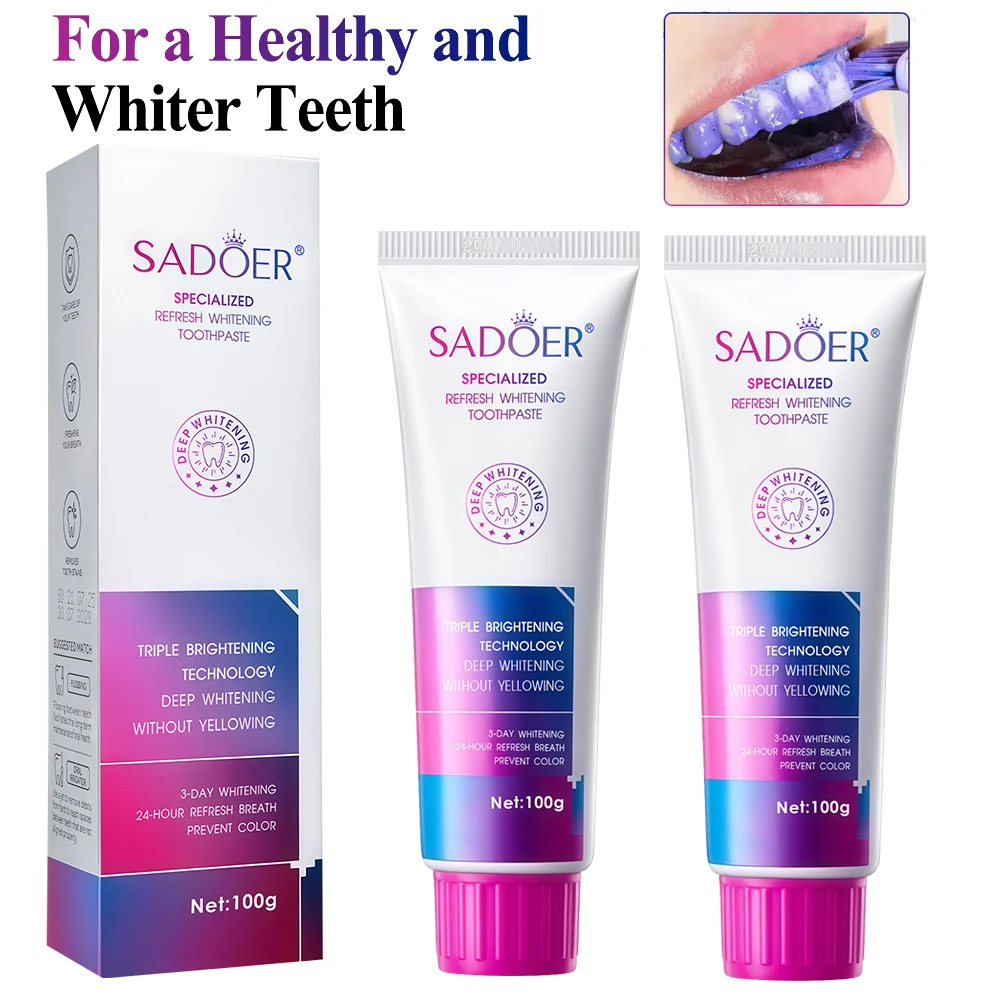 

2 шт., фиолетовая зубная паста для отбеливания зубов, свежее дыхание, удаление пятен налета, глубокая очистка, осветление зубов, зубная паста, защита десен