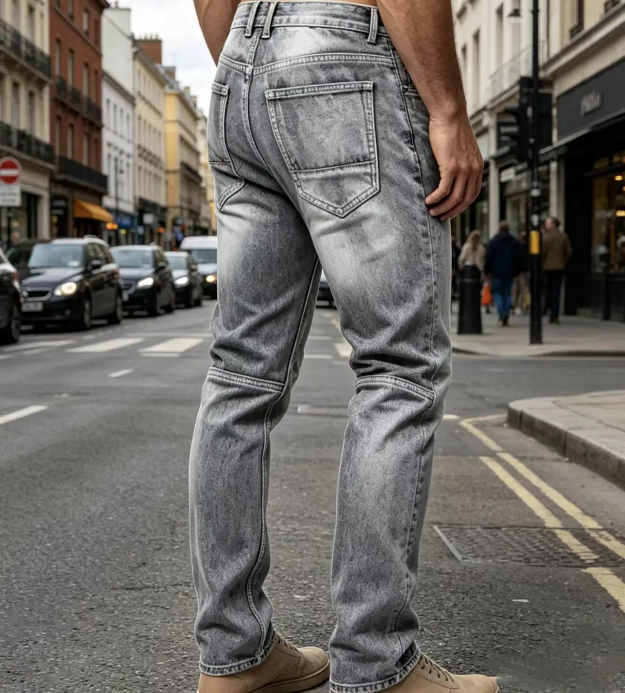 

Grey Slim Fit Distressed Denim Jeans Straight Leg Long Pants No Stretch Hip Hop Streetwear Men's Fashion