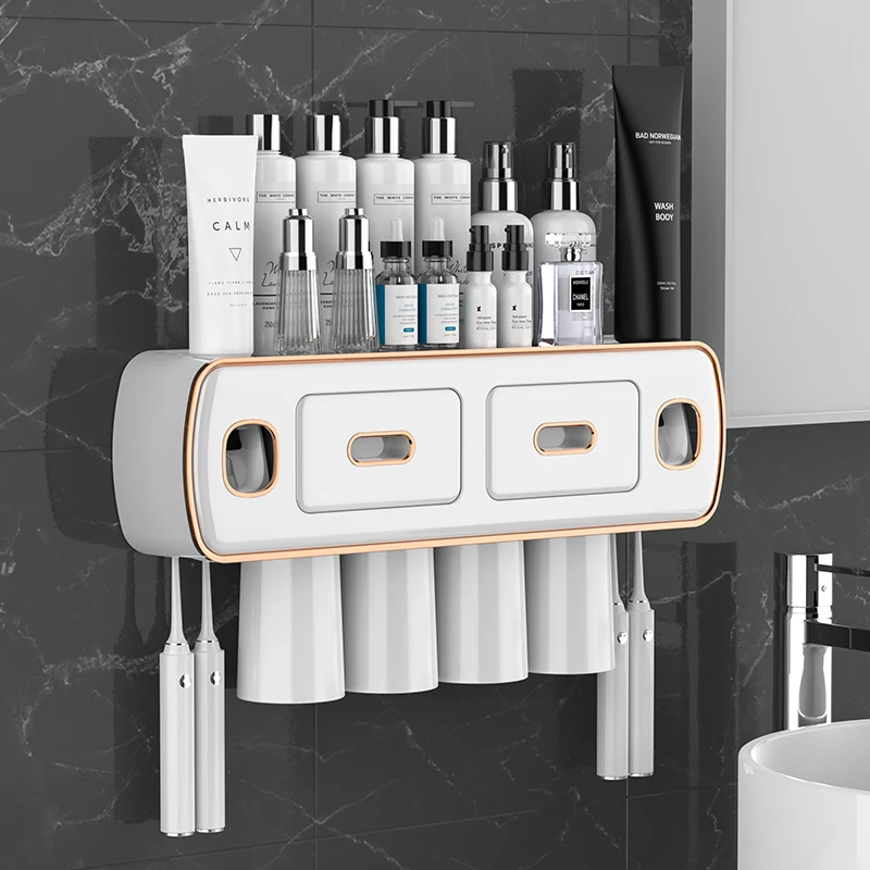 Magnetic Adsorption Inverted Toothbrush Holder Automatic Toothpaste Dispenser With Cup Toothpaste Bathroom Accessories Set