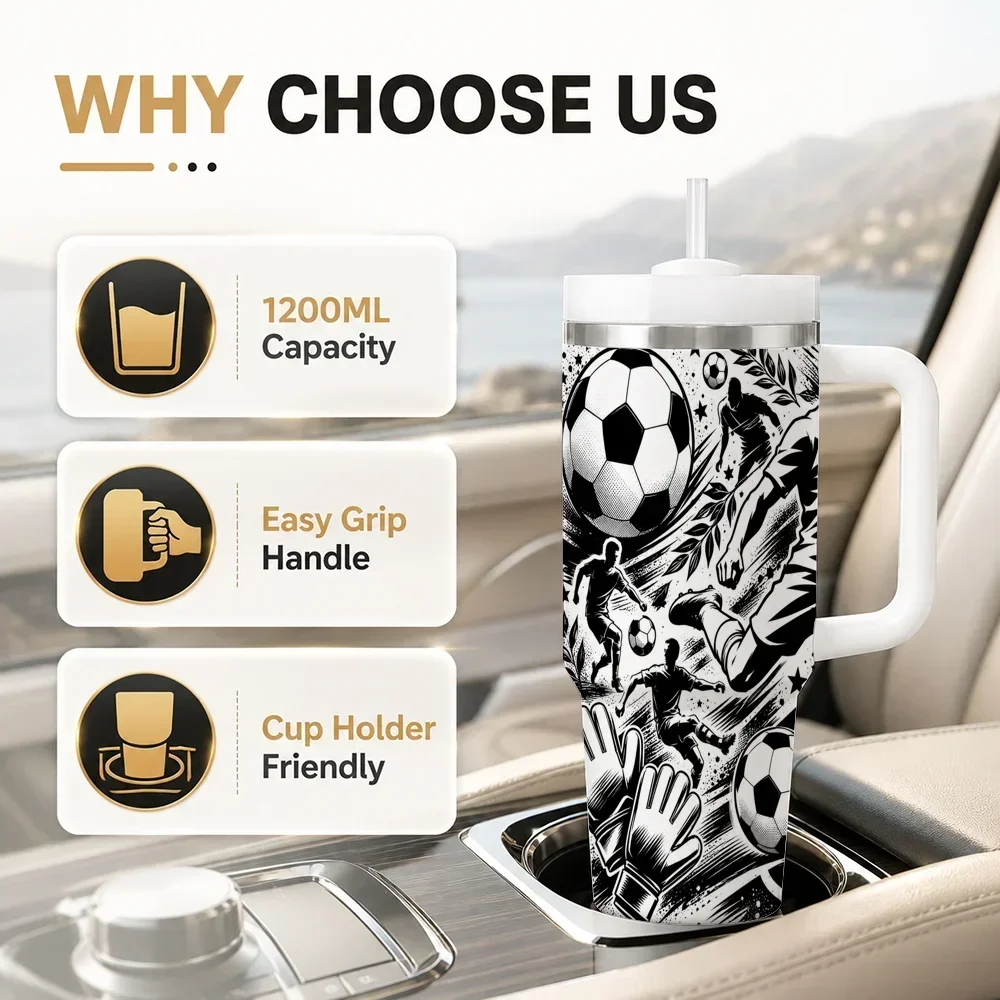 Team Sports Action Line Art Vacuum Flasks 40oz Leakproof Steel Tumbler w/ Lid Straw Handle Hot Cold Drinksorders for other colors will be shipped randomly in black or white