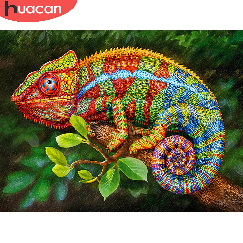 HUACAN Diamond Painting Chameleon Full Square Round Diamond Mosaic Animal Embroidery Complete Kit Home Decor Art