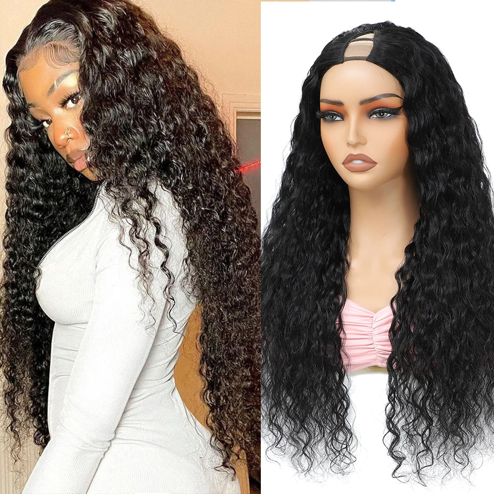 V Part Curly Water Wave Wig Human Hair No Leave Out Machine Made 32 Inches Wet and Wavy V Part Human Hair Wigs For Women