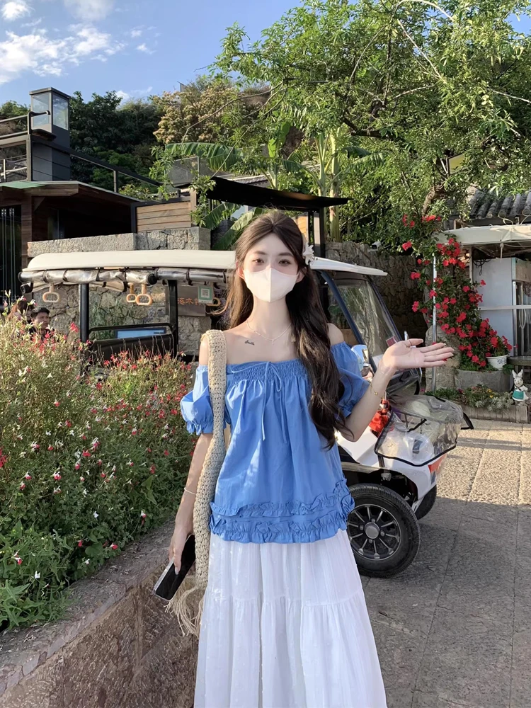 

Новая женская летняя блузка в корейском стиле с эффектом древесной текстуры, рукавами-фонариками, на одно плечо, фасона «кукла», омолаживающий трендовый топ