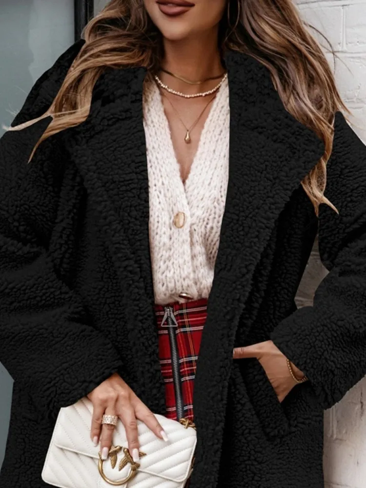 2024 herbst und Winter Neue frauen Woolen Lange ärmeln Jacke Langen Abschnitt Revers Plüsch Top Weibliche – Detail 13