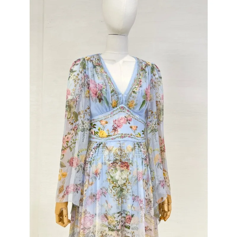 2025 New Style High Quality Silk Blue Rose Floral Print Long Sleeve Loose Midi Dress for Holiday
