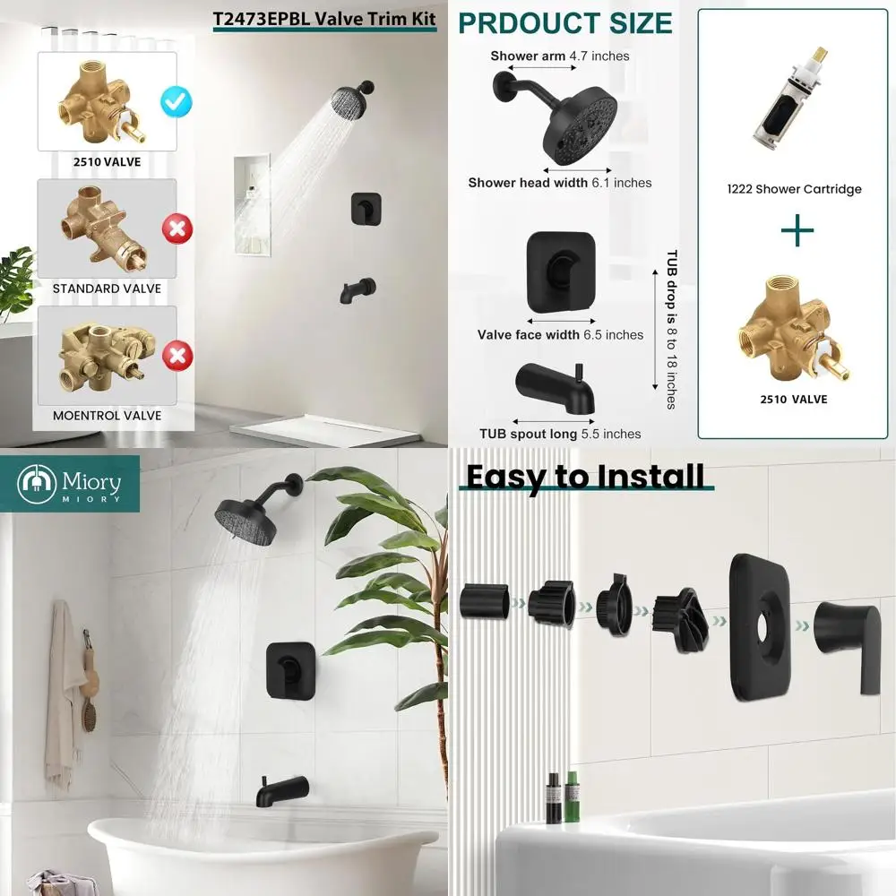 

Black Shower System with Handle and Tub Spout, Compatible with T2473EPBL Shower Trim Kit (Requires 2510)