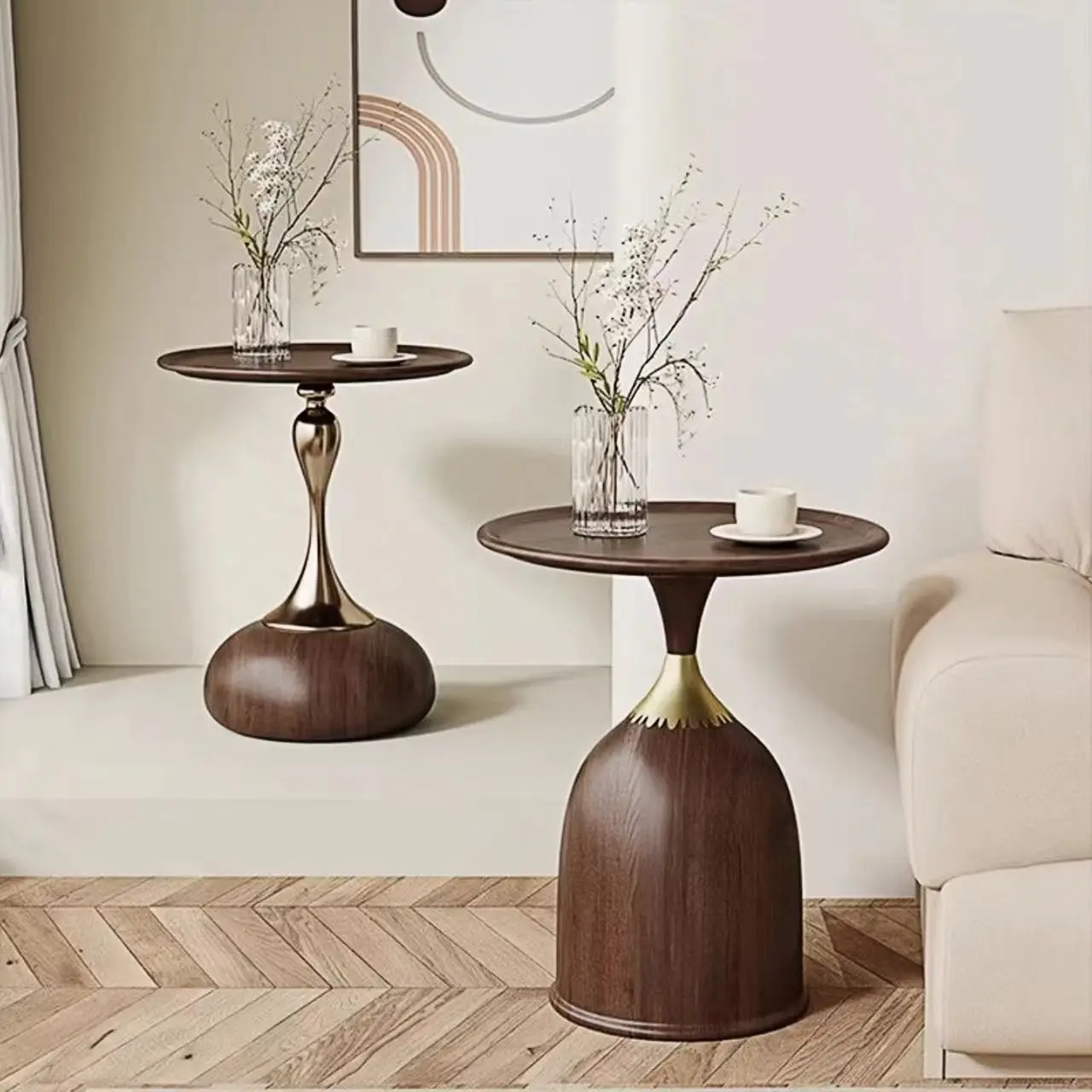 Mid-century round side table in walnut finish, light luxury distinctive creative nightstand, round side table for sofas