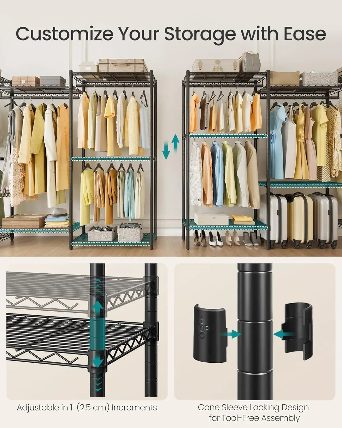 رف ملابس عالي التحمل بعرض 68.7 بوصة، أرفف شبكية قابلة للتعديل وقضبان تعليق، أسود