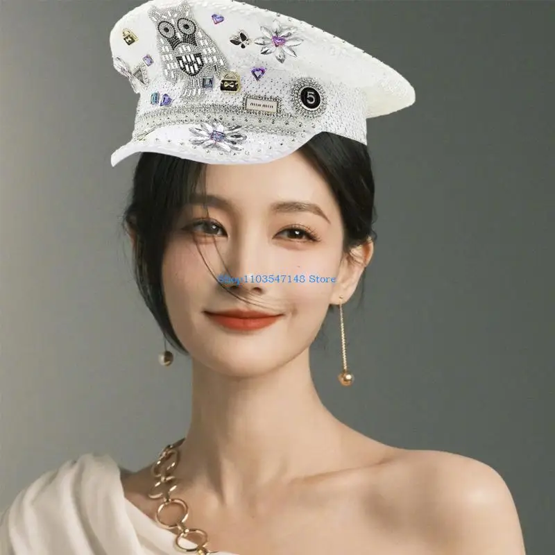 

P88B Sparkly Crystal Captain Hat Sailor Hat for Bachelorette Party Stage Dancing