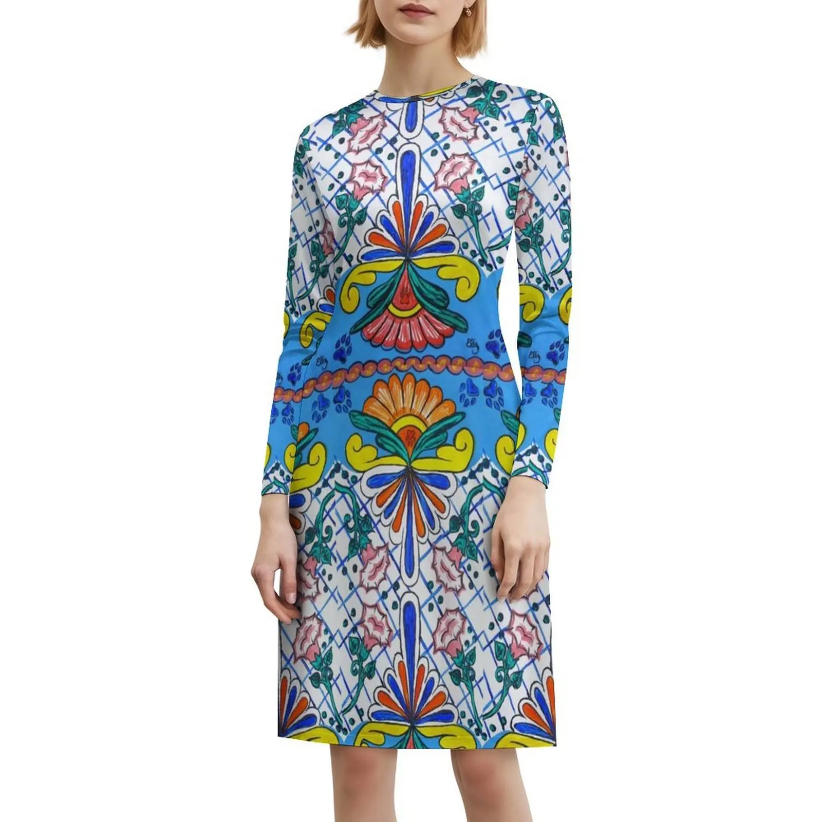 لوحة تالافيرا الملونة جيمسونوييد زهرة المكسيكي الكورية نمط فستان كاجوال للنساء فساتين مكتب سيدة يومية بسيطة