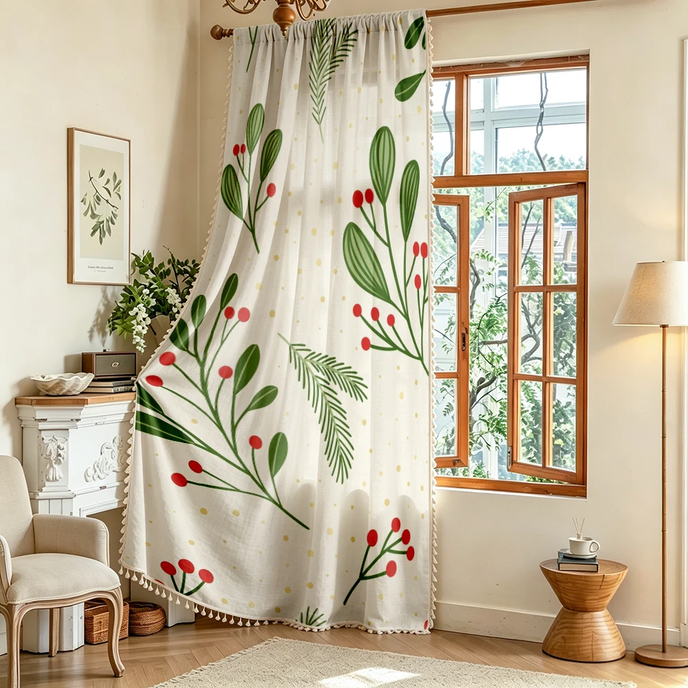 1PC Christmas Winter Tassel Sheer Curtains, Branch Berry Mistletoe, Digital Print, Linen Polyester, Bedroom, Home Decor