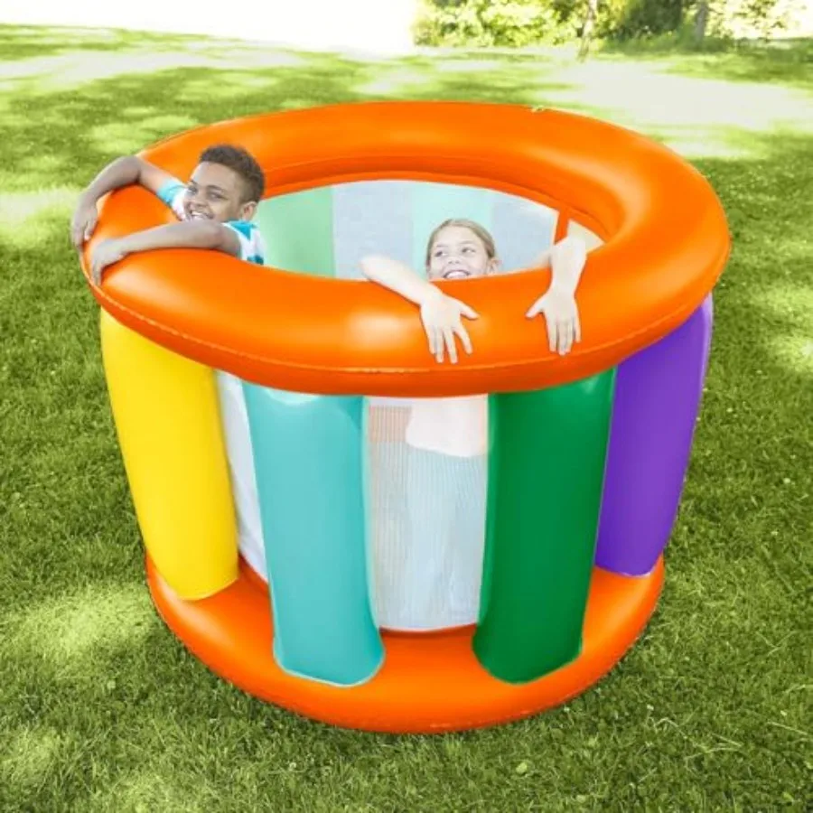 Outdoor play inflatable rainbow land roller with mesh interior, PVC material, multicolor, supports up to 300 lbs and features 6