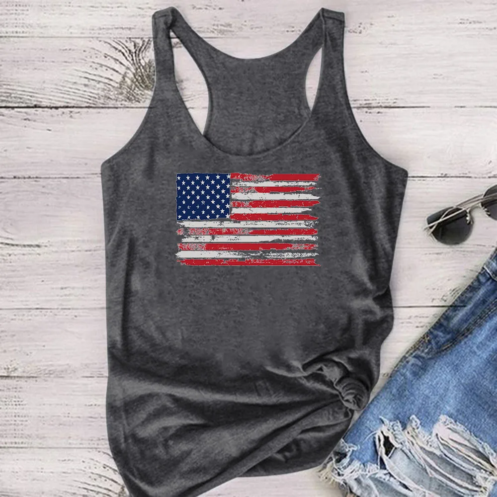 Seeyoushy American Flag Print Summer Casual Fashion Women\'s Tank Top Printed Vest Women\'s Crewneck Sleeveless Shirt Top Mujer