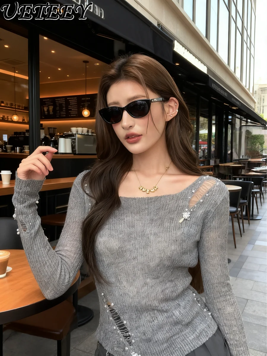 

Вязаный свитер во французском стиле с вырезами и открытыми плечами, с длинными рукавами, универсальный серый топ, женская осенне-зимняя базовая рубашка для ношения под одеждой