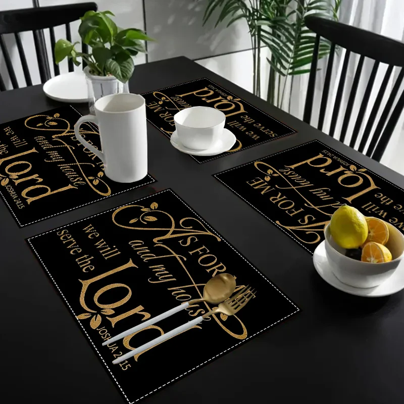 Inspirational Quote Placemats Black Gold Linen Table Mats Non-Slip Heat Resistant for Religious Kitchen Dining Decor