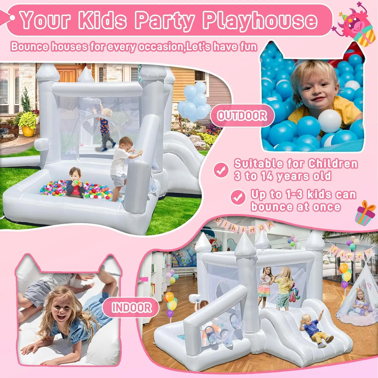 Wit springhuis, opblaasbaar springhuis voor binnen voor kinderen van 3-12 met ballenbak en glijbaan, buiten springkasteel voor verjaardagsfeestje W