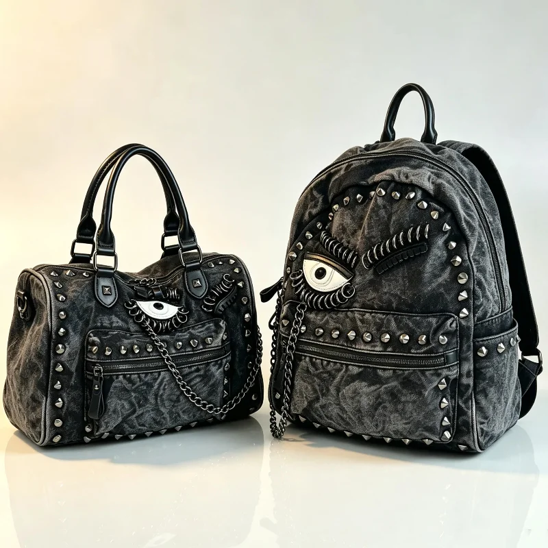 Y2k Punk Style Washed Denim Handbag Fashion Rivet Chain Backpack Personality Eye Pattern Unisex Large Capacity Travel Tote