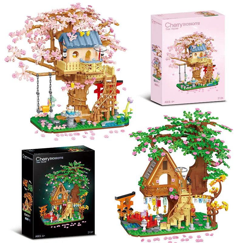 

Creative 1400+Pcs Cheery Blossoms Tree House Model Building Blocks Sakura Flowers With Figures Mini Bircks DIY Toys Childs Gifts