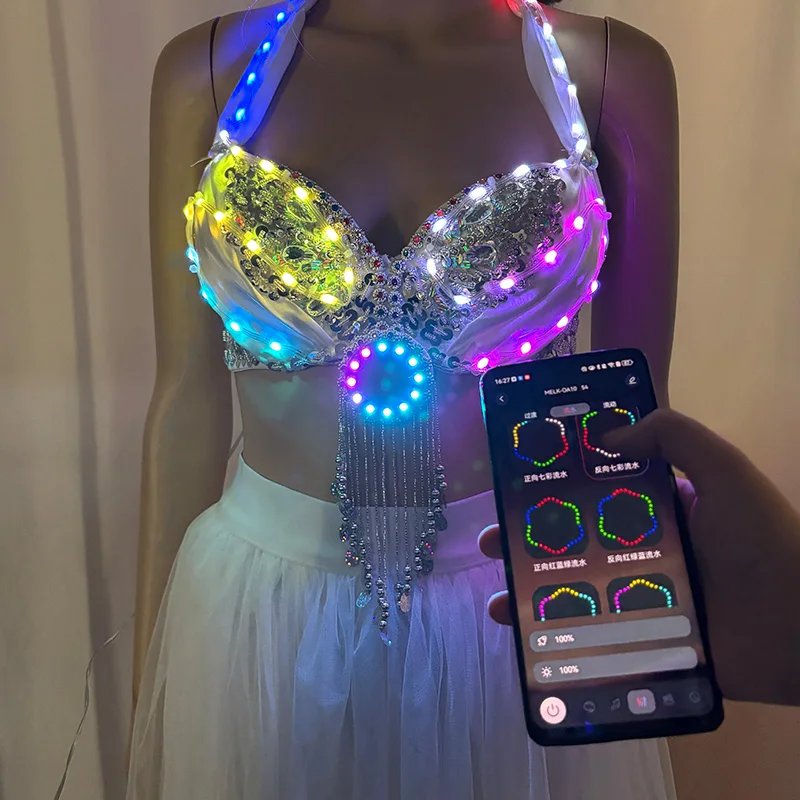 Costume de danse du ventre coloré, soutien-gorge lumineux, chargeur USB, LED, pour femmes, vêtements de danse Sexy, Costume de Performance