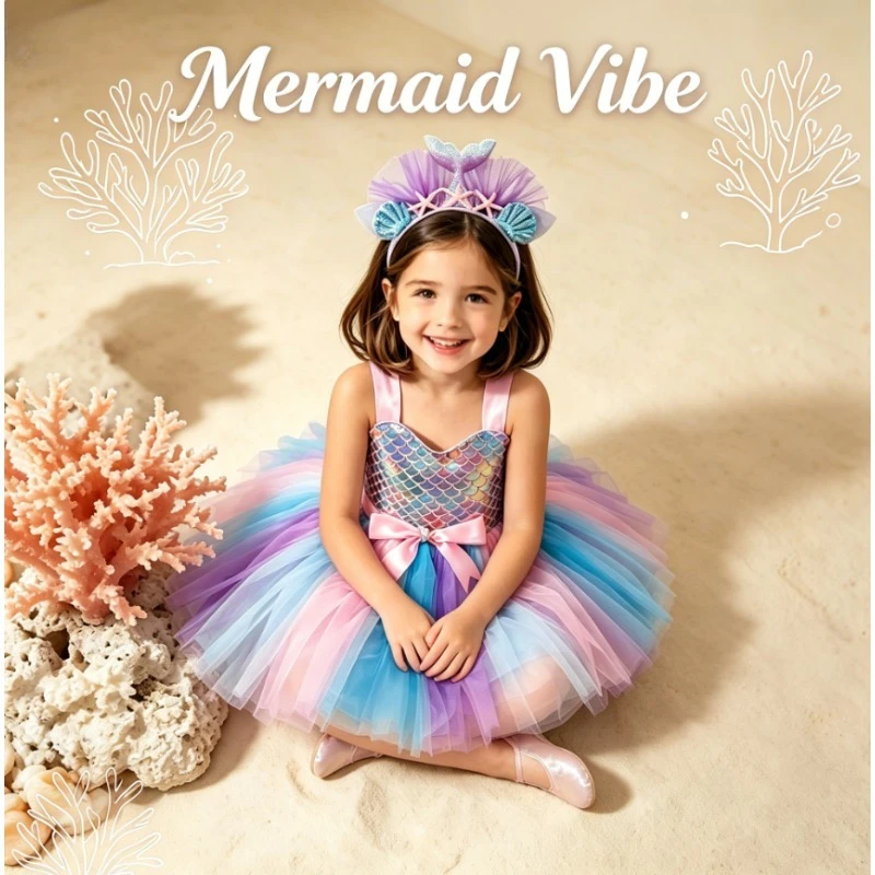 

Girl Mermaid Tutu Dress Puffy Tulle Skirt Kid Princess Outfit Baby Party Birthday Festival Holiday Daily Dress Up Casual Costume