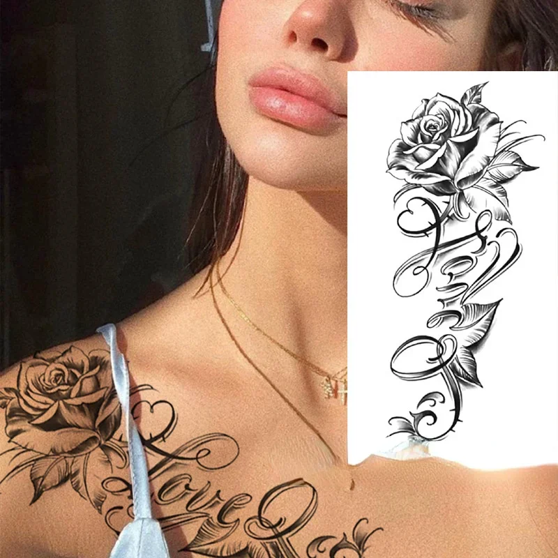 Women Sexy Black Rose Tattoos Large Size Sexy Flower Pattern Design Waterproof Fake Tattoos for Arm Body Art Sleeve Body Sticker