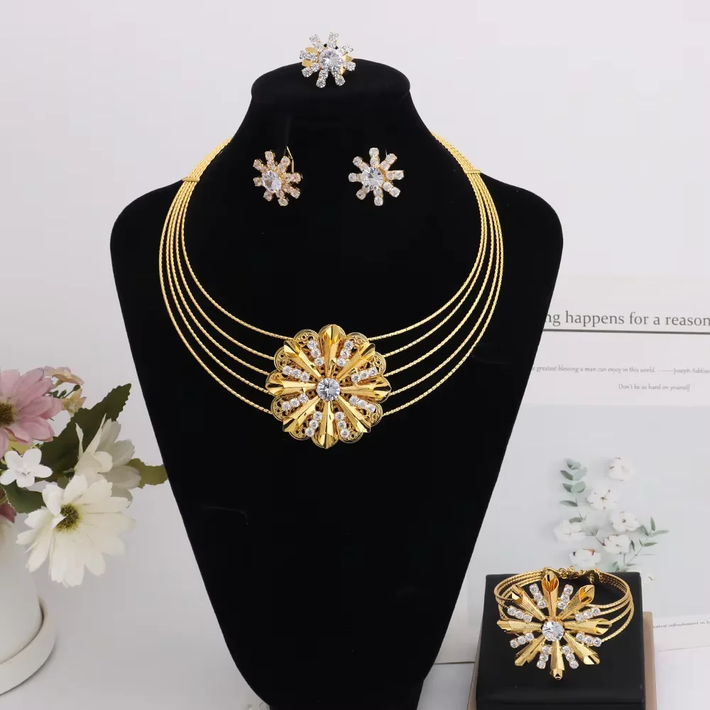 

Arabian Luxury Women's Gold Necklace Earrings Bracelet Ring Set Hollow Colored Zircon Jewelry Set Party Valentine's Day Gift