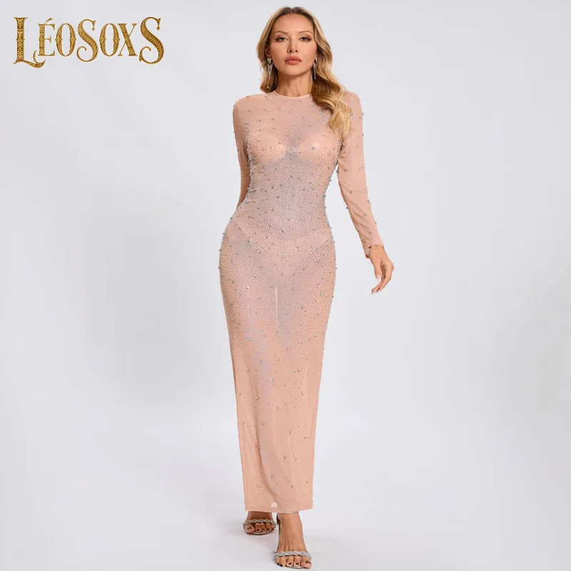 

LEOSOXS 2025 Women Celebrity New Long Sleeve O Neck Beading Mesh Apricot Maxi Long Dress Elegant Evening Club Party Outfit