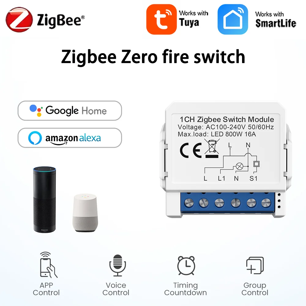 ZigBee Smart Light Switch Module 1/2/3/4 Gang DIY Mini Breaker Switches Module Two-Way Control Work with Alexa Google Home Alice