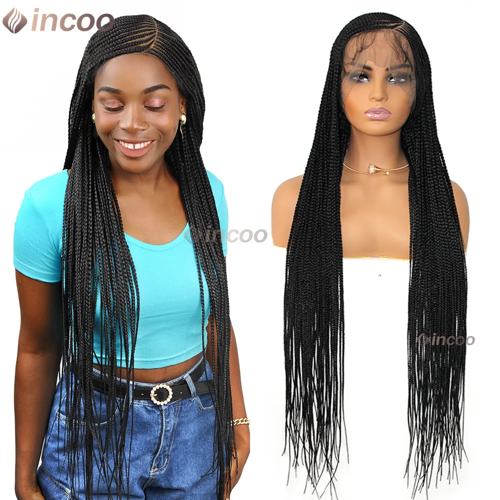 

36-дюймовые боковые части, плетеные парики, Cornrow, синтетические полные кружевные парики для чернокожих женщин, без узлов, плетение волос, парик