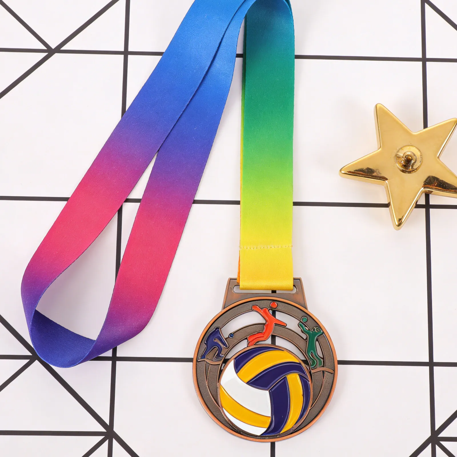 5Pcs Volleyball Award Medals Gold Hollow Design Zinc Alloy Metal Medals Neck Ribbons for Volleyball Tournament Winner Team
