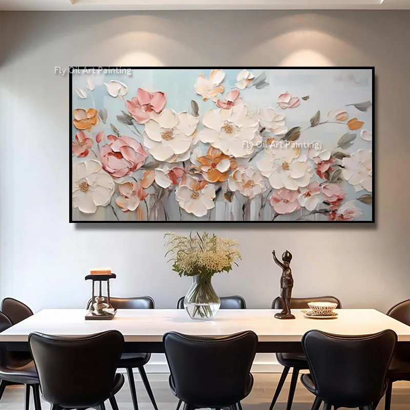 Large Simple White Pink Flowers Tree Oil Painting On Canvas Fashion Design Abstract Knife Thick Small Florals Room Wall Decor