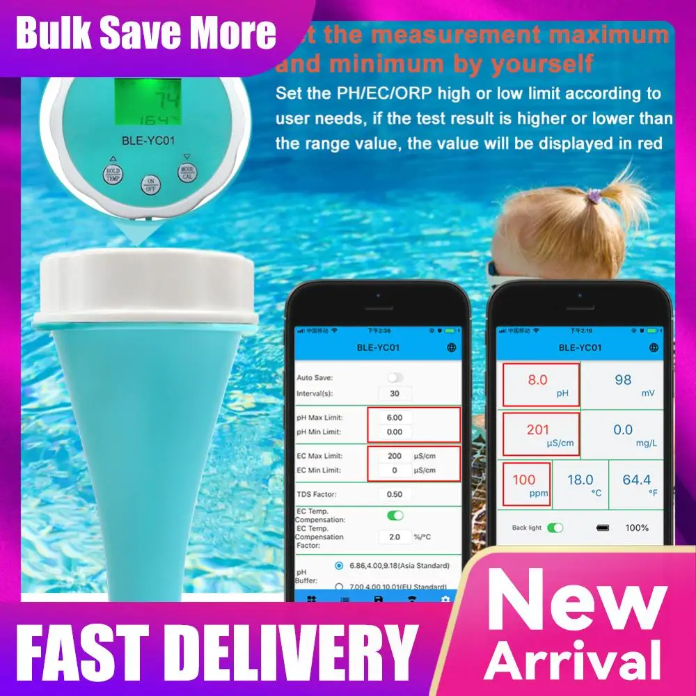 

6 in 1 Chlorine Monitor Smart Swimming Pool Water Analyzer BT Water Quality Test Meter Digital Chlorine ORP EC TDS Temp PH Meter