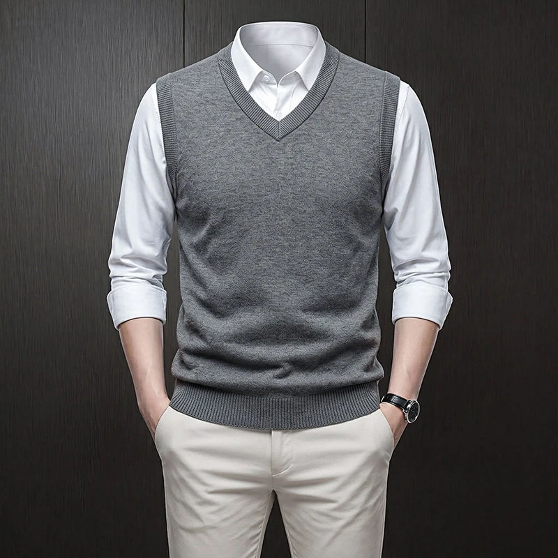 Herren V-Ausschnitt Einfarbige Strickweste Ärmellose Strickjacke Business Casual Slim Fit Pullover Tank Top Winter Warme Strickware – Detail 10