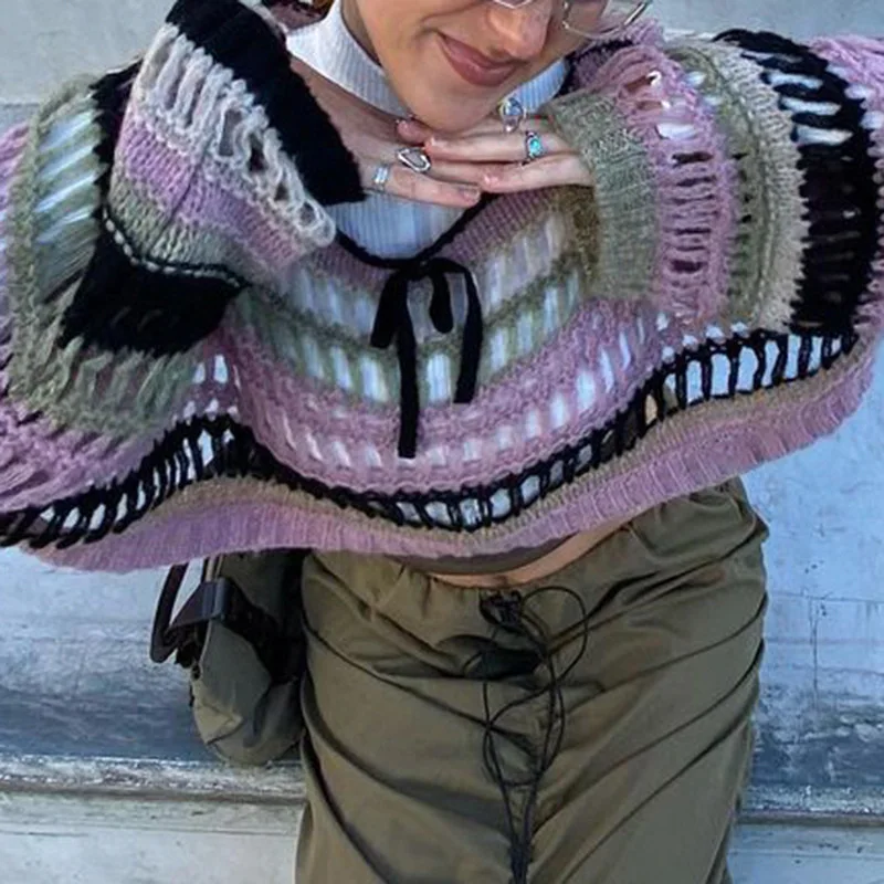 Y2k Striped Knit Sweater  Hollow Out Crochet Top Women Casual Pullover Beach Smock Streetwear 2023 Autumn Winter Female Clothing
