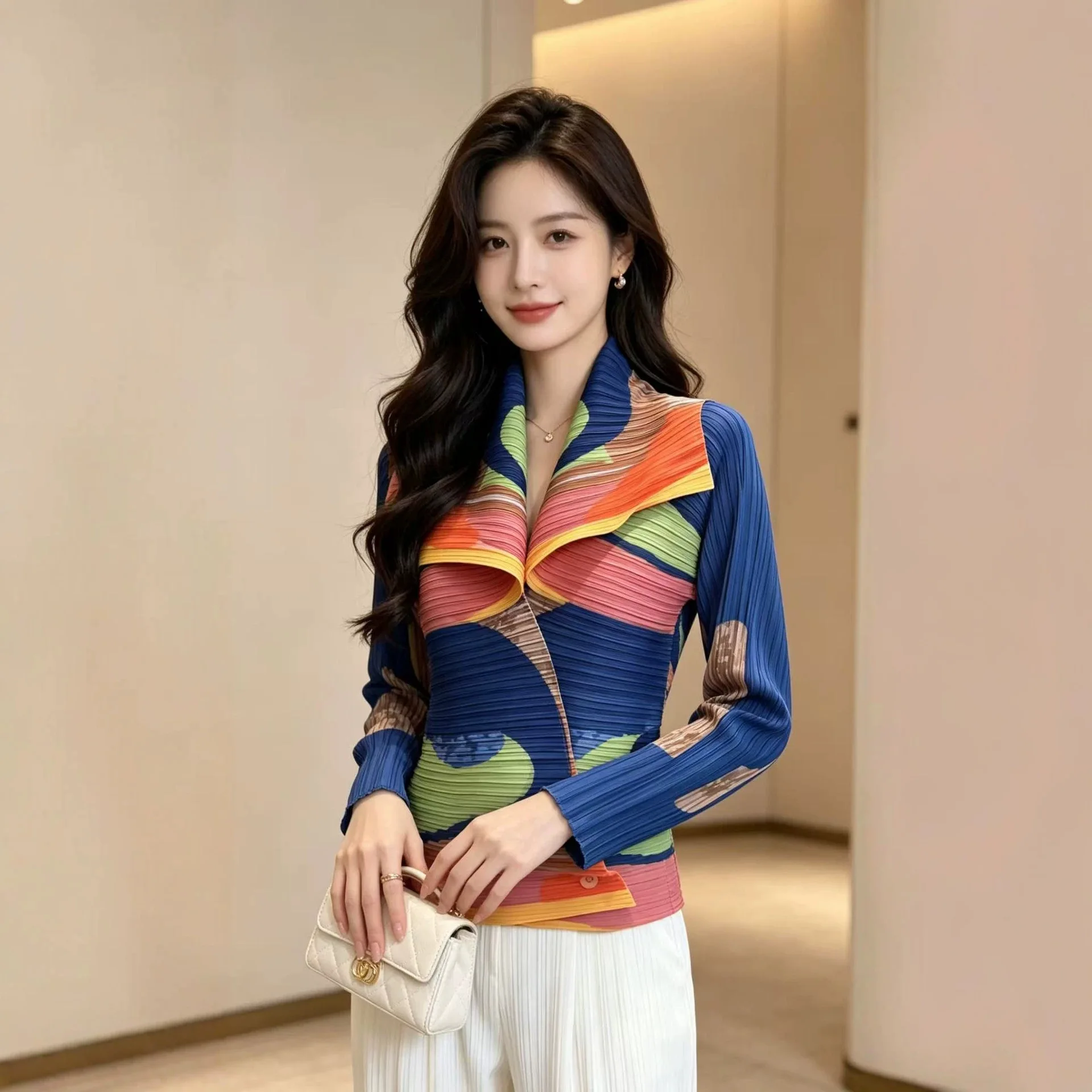 Miyake Cartoon Print Pleated Shirt Women Lapel Long Sleeve Single Breasted Top Fashion Cardigan 2026 New Clothing