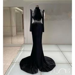 Black Crystal Evening Dress Fashion High Collar Long Sleeves Long Mermaid Gowns Chic Floor Length Solid Prom Gowns Party Dress