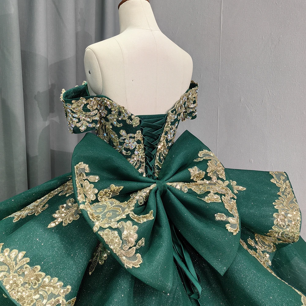 Green Sweet 15 16 Quinceanera Dresses Ball Gown Gold Lace Birthday Party Dresses 5841-1