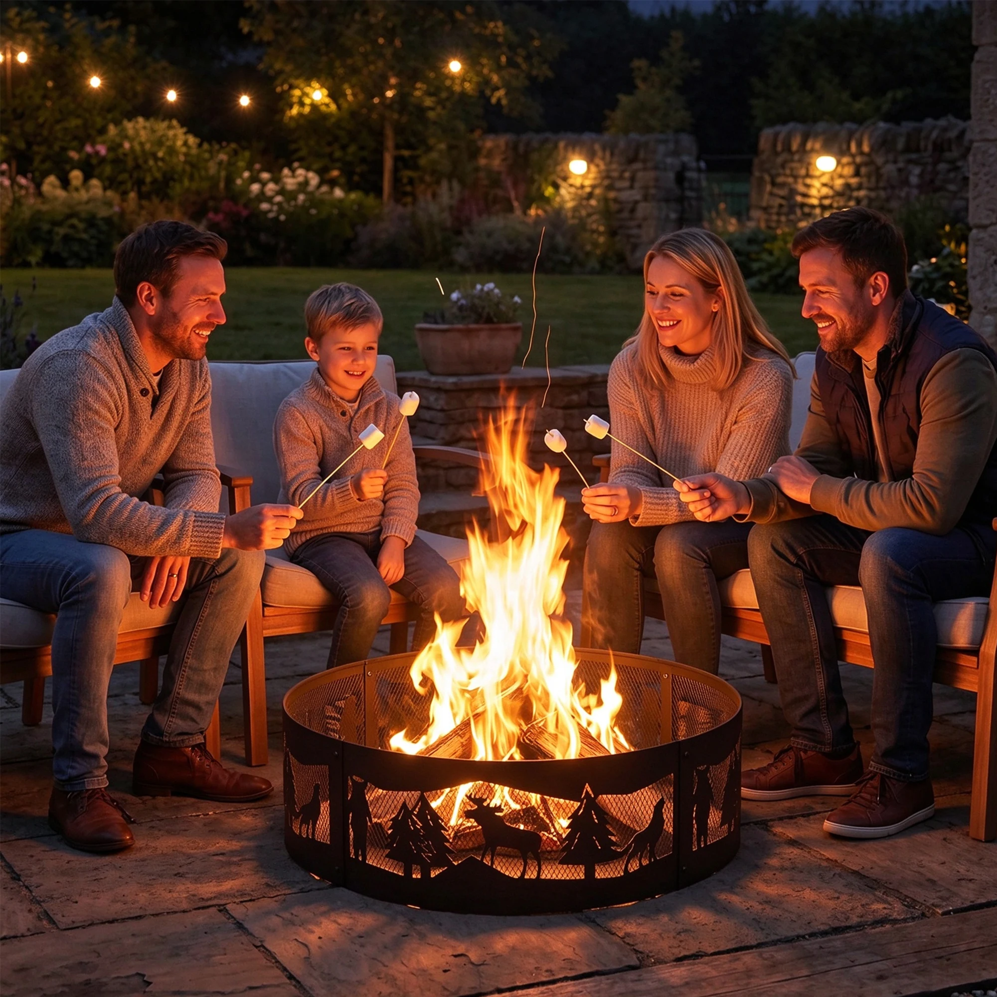 26in Steel Fire Pit Ring, Heavy Duty Wood Burning Fire Pit Insert With Deer Forest Cutouts, Airflow Mesh For Backyard Patio Camping Use