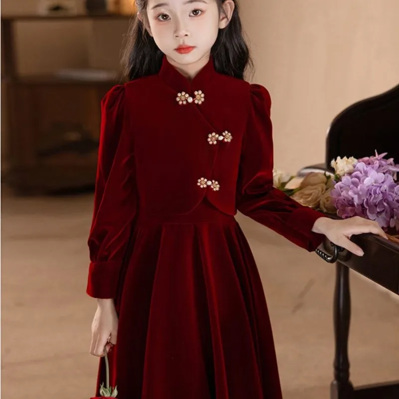 

2026 Children's Chinese Costume Girls' Red Birthday Princess Dress Piano Host Autumn/Winter Long Sleeve Performance CostumeLI655