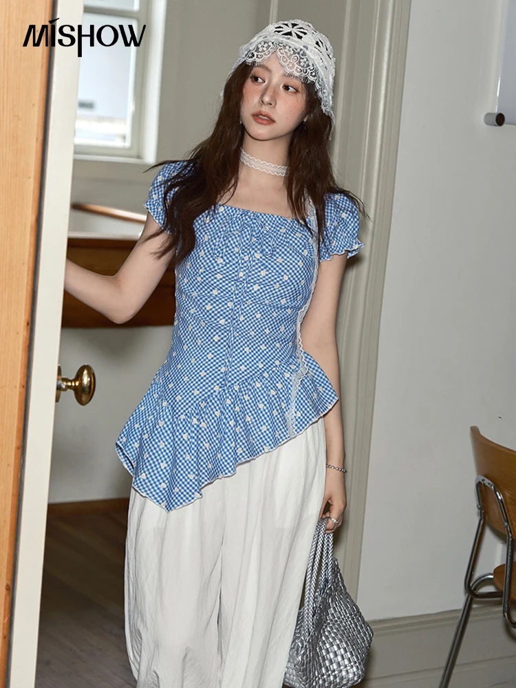 MISHOW Plaid Print Puff Sleeve Top for Women 2025 Summer Slim Square Neck Lace Up Asymmetrical Blouse Ladies Clothing MXE39X1930