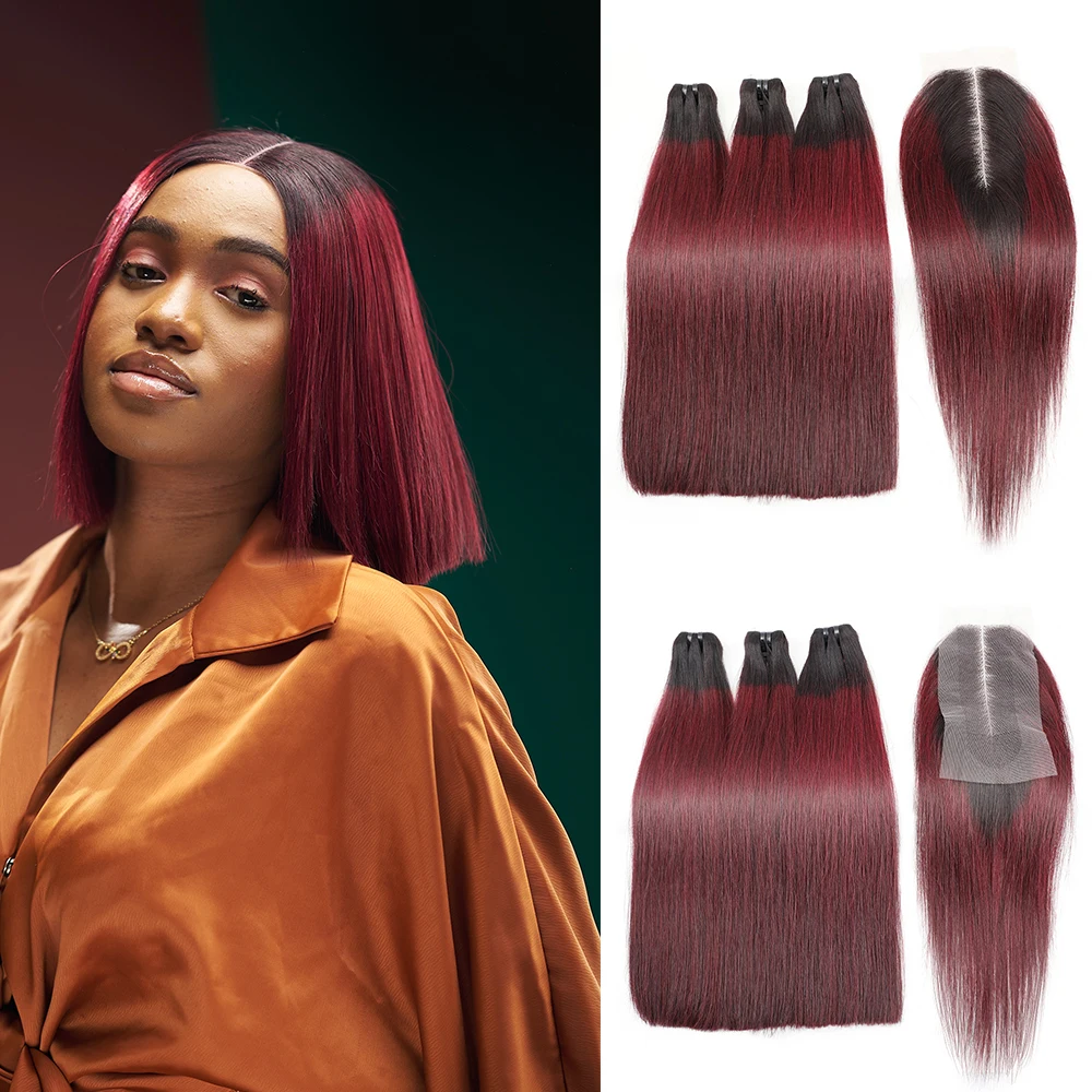 Bone Straight Weave Bundles com encerramento, Raw Bone Cabelo Humano, Borgonha Red Hair Bundles Deal, 2x6 Lace, Kim K