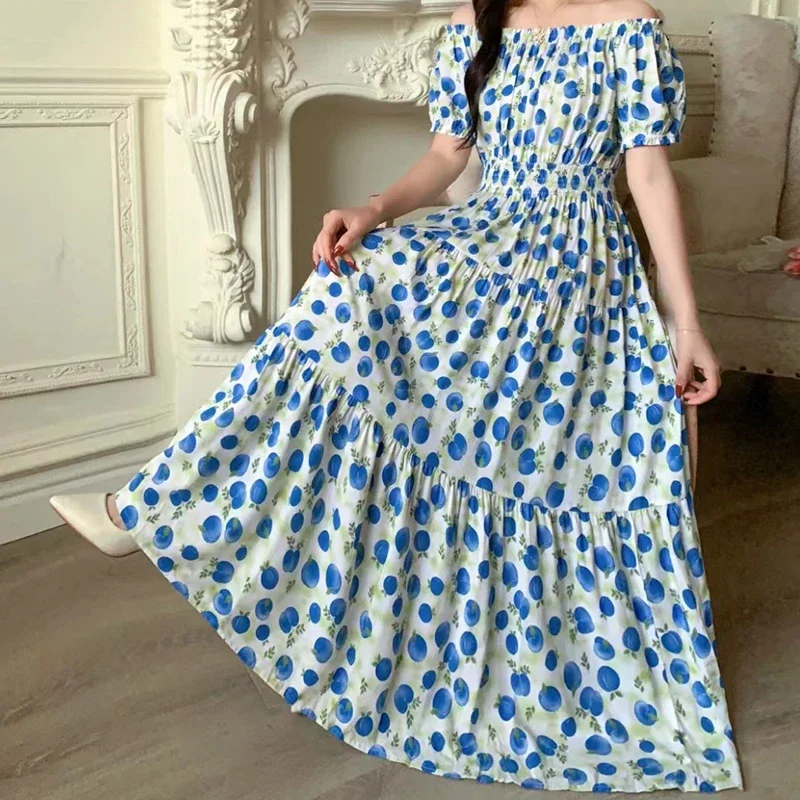 مثير مائل الرقبة فستان طويل المرأة الصيف الملابس الهندية البوهيمي القطن طباعة الأزهار بوهو الكورية الاسلوب المناسب تنورة كبيرة غير رسمية