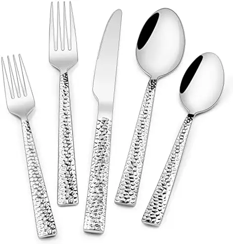

40-Piece Hammered Stainless Steel Flatware Set for 8 – Mirror Finish, Dishwasher Safe – Premium Food-Grade Tableware
