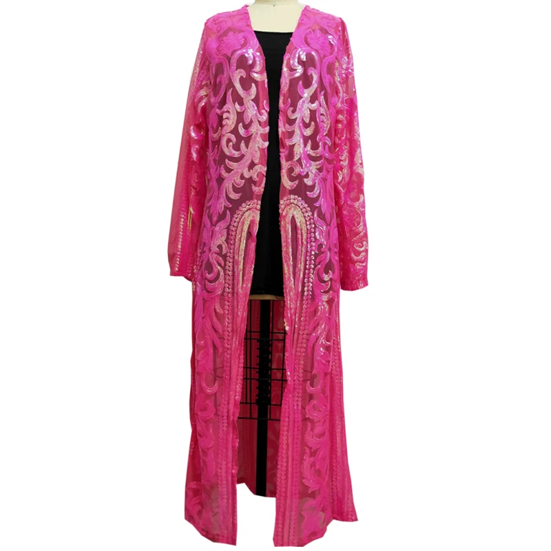 Cárdigan largo de lentejuelas de colores brillantes para mujer, chaqueta transparente de malla, punto abierto, elegante, informal, Ouro Lantejoula,