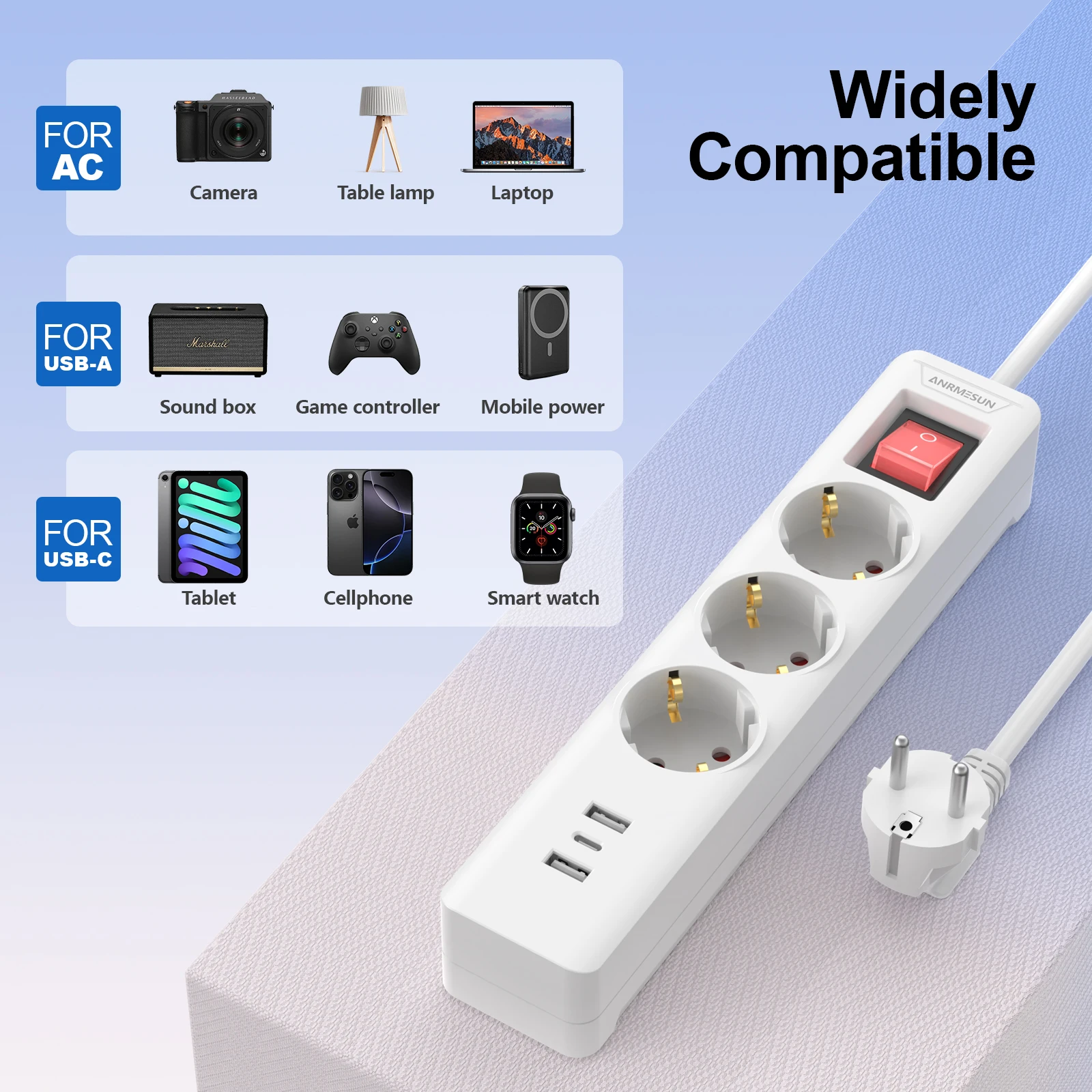 EU Plug Power Strip Multiple Outlet Sockets 2m Extension Cord Electrical Socket with 2 USB 1 Type-C Ports 3 Socket Adapter with