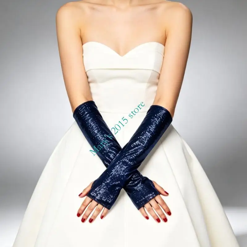 Women Sequins Fingerless Gloves Long Stretch Glitter Fashion Arm Sleeves for Costume Styling Dance Wear and Party Outfits