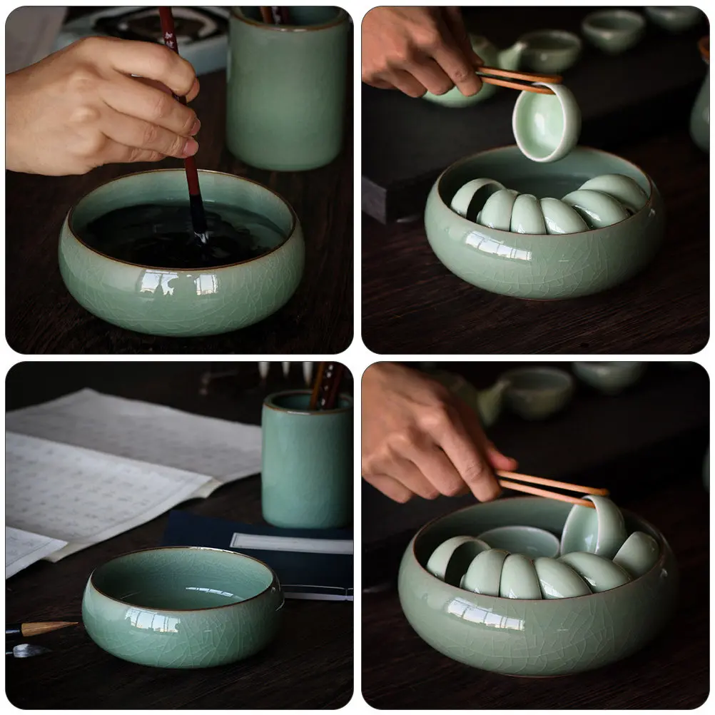 1Pcs Celadon Ink Brush Washer Tea Wash Bowl Calligraphy Brush Wash Tea Ceremony Accessories Porcelain Ink Well Pottery Sumi Tray