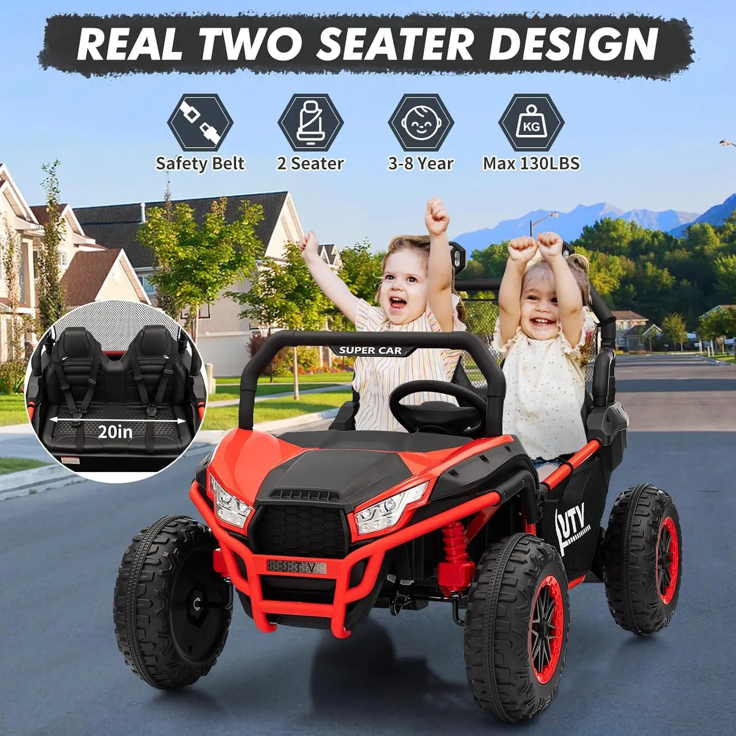 24V 2-Seater Ride on Car Electric UTV for Kids with Parent Remote Control 400w Motors 4.5MPH 4 Wheel Suspension Music Led Light