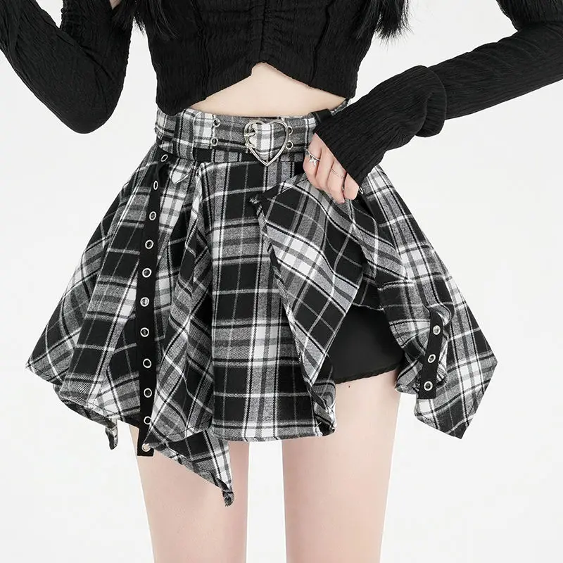 Retro Old Pleated Skirt for Women Irregular Contrasting Plaid A-line Skirt Anti-exposure Skirt Pants
